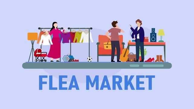 Flea Market and Second Hand Garage Sale cartoon animation