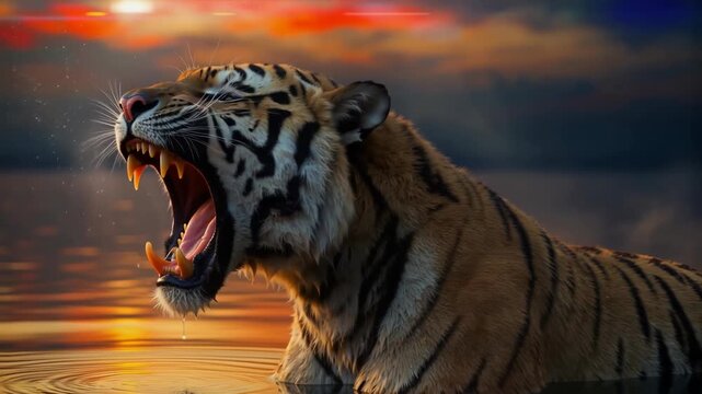 Tiger Roaring in Water at Sunset Cinematic Wildlife Scene with Dramatic Lighting and Reflection Use Case for Nature Documentaries or Luxury Branding