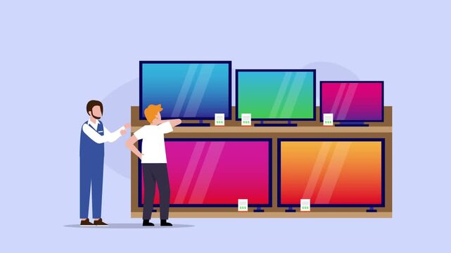Customer Choosing Television with Store Assistant cartoon animation
