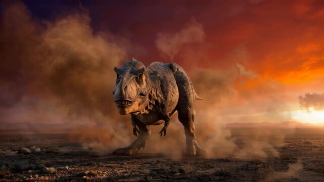 T Rex Running Through Dusty Plain at Sunset Cinematic Realistic Dinosaur Action Scene for Education or Entertainment Use