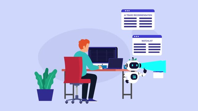 AI Trading Assistant Helping Investor with Stock Market Analysis, Portfolio Overview, and Trade Execution cartoon animation