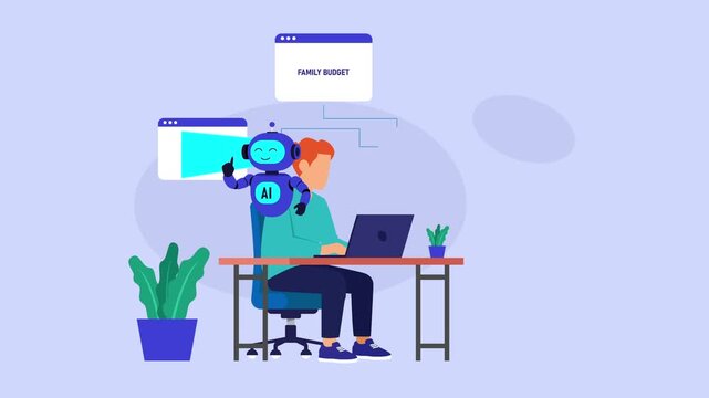AI Powered Personal Finance Assistance Vector Illustration of Robot Helping Man Manage Family Budget, Expenses, and Investments cartoon animation