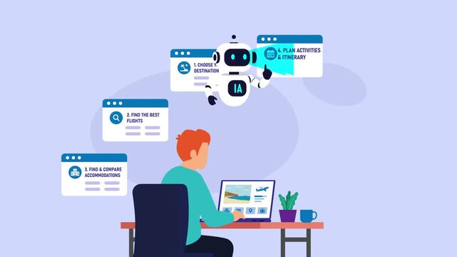 AI Travel Assistant Helping Man Plan Vacation Itinerary, Flights, Hotels, and Trip Budgeting cartoon animation