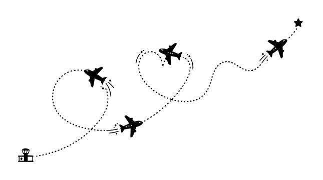 Airplane set with dotted flight path illustration featuring jetliners, navigation lines, and sky background with travel and direction elements