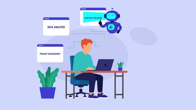 AI Powered Business Productivity Assistance Vector Illustration of Robot Helping Man with Office Tasks cartoon animation
