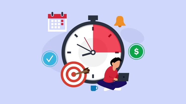 Time Management and Productivity Concept with Man Working on Laptop cartoon animation