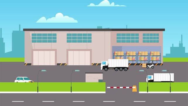 Industrial Warehouse Terminal Building with Delivery Trucks and Forklift cartoon animation