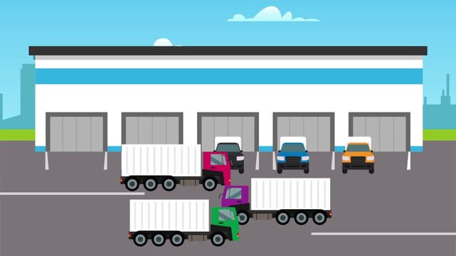 Logistics Warehouse Center with Delivery Cargo Trucks at Loading Bays cartoon animation