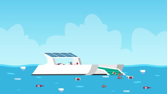 Solar Powered Automated Ocean Cleanup Boat cartoon animation