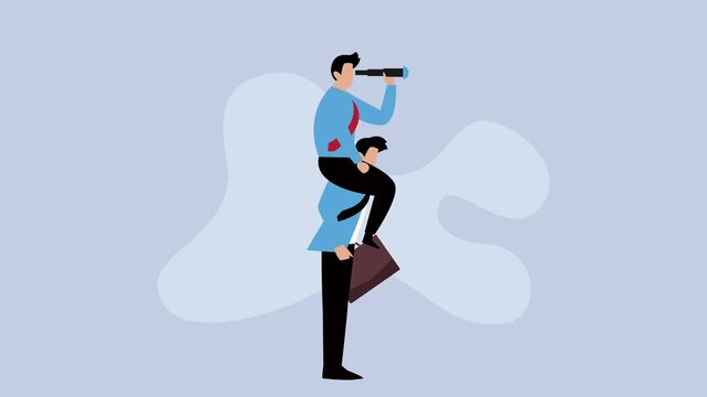 Business Teamwork Concept with Businessman Carrying Partner on Shoulders Looking Through Monocular cartoon animation