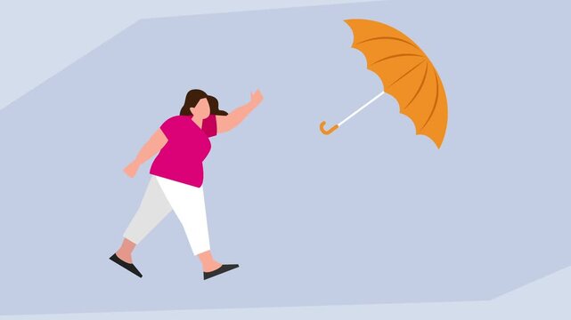 Woman Chasing Flying Umbrella in High Wind cartoon animation