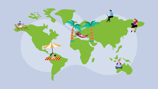 Digital Nomads Working Remotely Around World Map Flat Vector Illustration of Freelancers and Remote Workers cartoon animation
