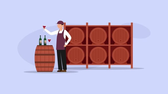 Sommelier Tasting Wine in Cellar with Wooden Barrels cartoon animation