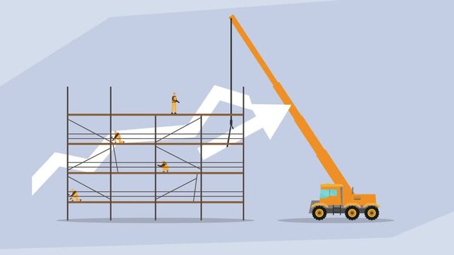 Construction Workers and Crane Lifting Growth Arrow Concept cartoon animation