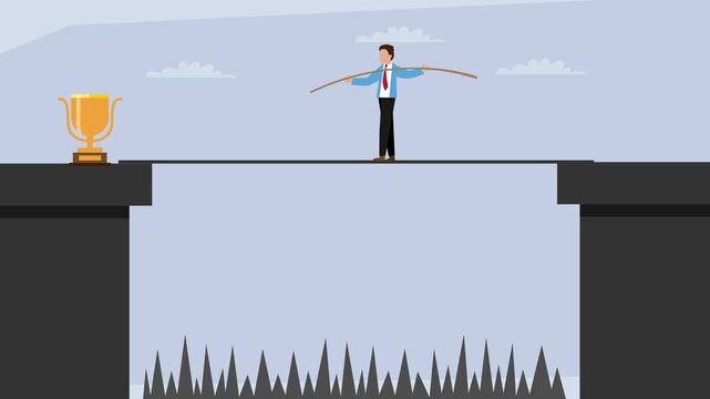 Businessman Tightrope Walking Across Gap to Reach Trophy Concept cartoon animation