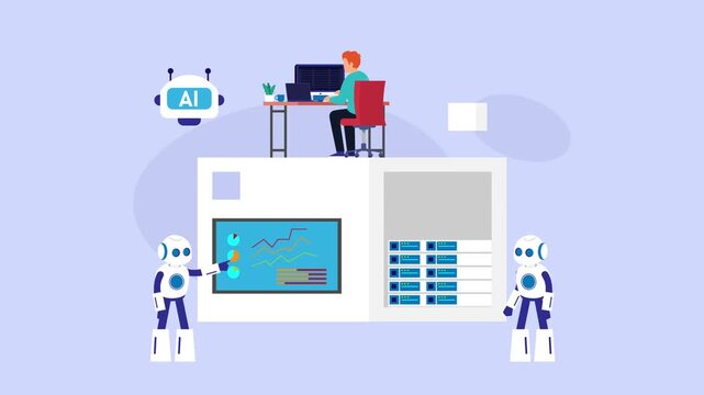 AI Robots and Developer Analyzing Data and Server Infrastructure cartoon animation
