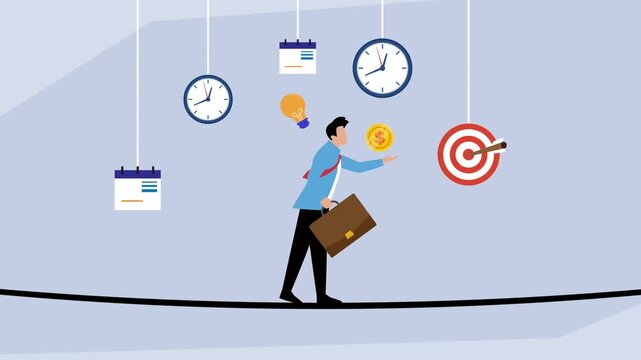 Businessman Tightrope Walking Holding Coin Near Targets and Clocks cartoon animation