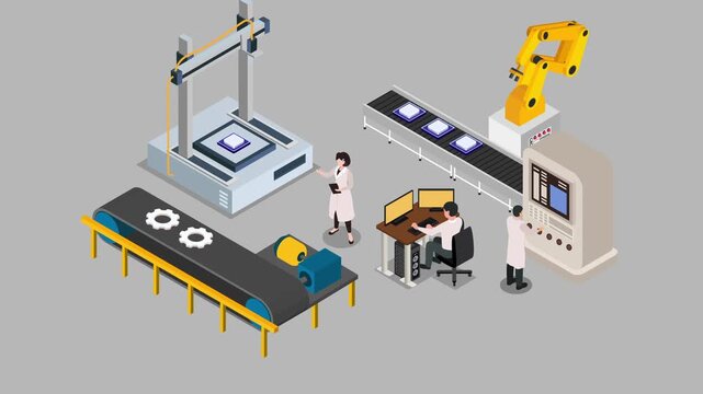 Smart Automated Factory Line with Robotic Arms Engineers 3d animation cartoon