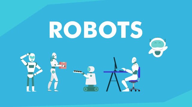 Diverse Robots Working Concept with Title Text cartoon animation