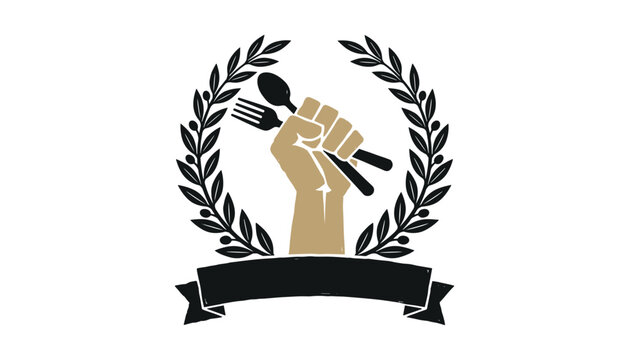 Culinary Crest with Laurel Wreath, Fork and Knife, and Banner. Restaurant Logo Design, Food Industry Icon
