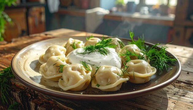 Steaming hot traditional dumplings with sour cream and fresh dill served on a rustic wooden table in a cozy home setting