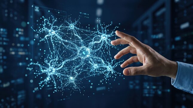 Human hand reaching towards glowing artificial intelligence neural network, deep learning algorithm visualization, machine learning, brain connectivity, cognitive computing