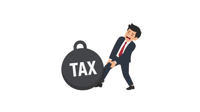 Tax animated businessman pulling heavy tax weight burden trapped in 4k isolated on white background