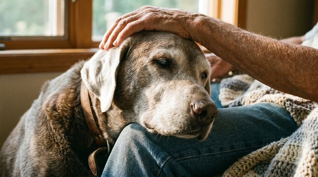 Man petting senior dog on lap by sunny window indoors