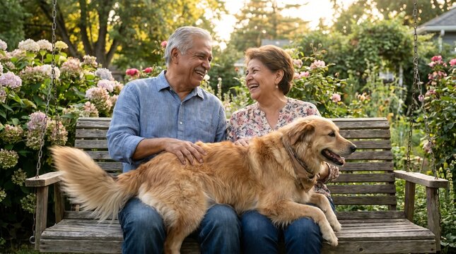 Senior couple relaxing on garden swing with golden retriever among blooming flowers