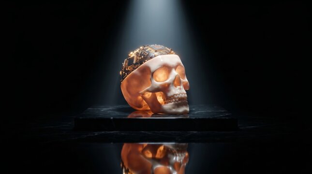 Illuminated skull with golden brain circuitry symbolizing artificial intelligence