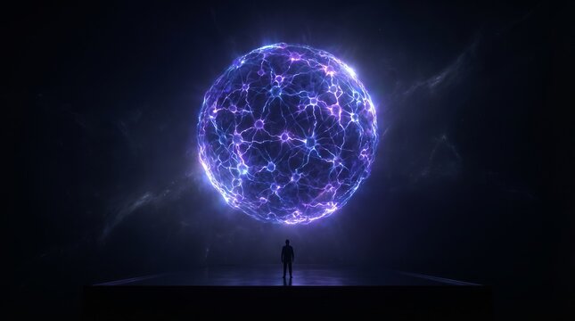 Person standing before glowing electric sphere representing artificial intelligence power