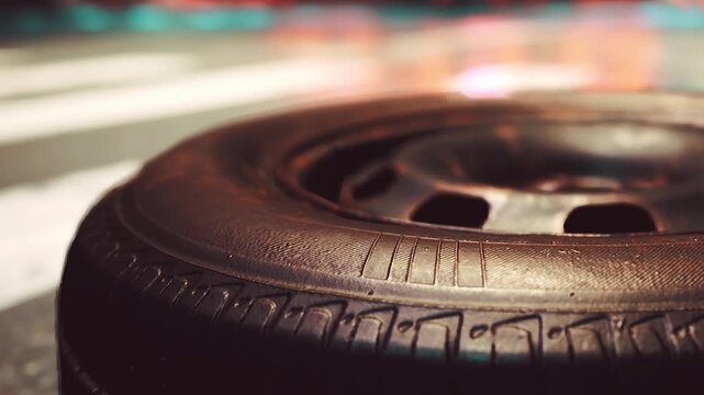 A close view of an old tire resting on the street. The background shows blurred city lights, suggesting a vibrant urban area at nighttime.
