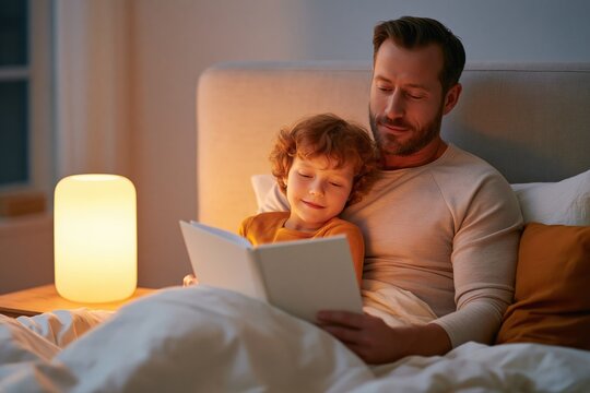 Father and Child Reading Together in Cozy Bedroom Setting