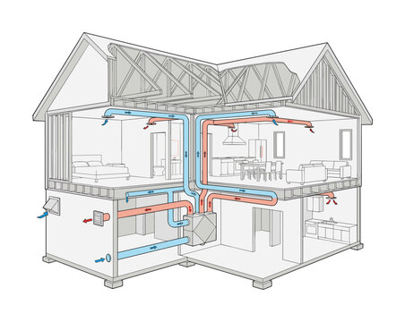 House ventilation system diagram with red blue airflow in building sections.