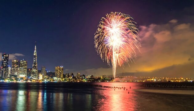 Vibrant fireworks explode over a shimmering city skyline at night casting colorful reflections across the calm bay water with distant bridge lights.