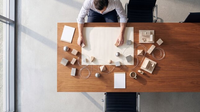 Top view of an architect working on a project with geometric models and architectural plans on a wooden table