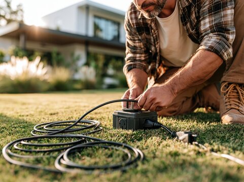 Homeowner Using Electric Lawn Tool in Serene Backyard Setting