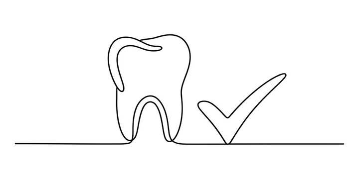 Continuous single line drawing of a healthy tooth and a check mark symbol