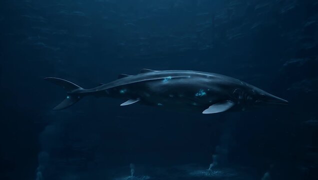 Mythical leviathan sea creature swimming in dark ocean water