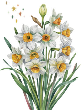 Beautiful white and yellow daffodils bouquet illustration with transparent background
