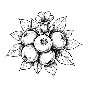 Black and white illustration of blueberries surrounded by leaves and flowers isolated