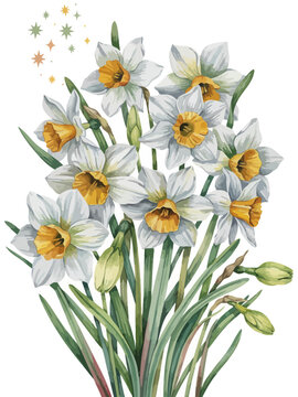 Beautiful white daffodils with yellow centers in watercolor style illustration