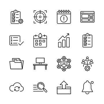 Collection of flat icons representing business productivity and office management tools