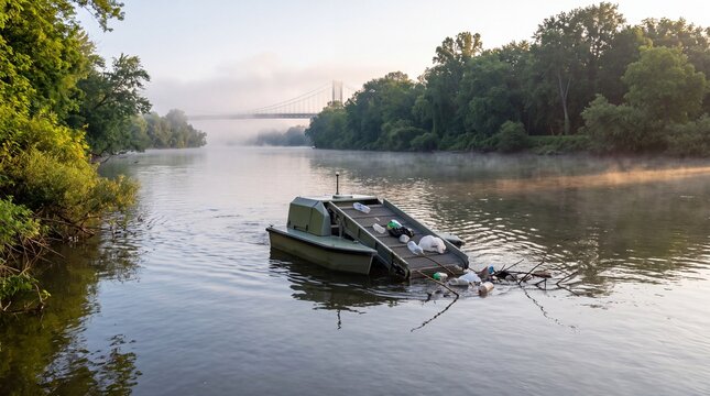 A specialized trash collection boat cleaning plastic waste and debris from a river at sunrise