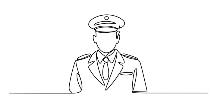 Continuous single line drawing of an airplane pilot wearing a uniform and hat