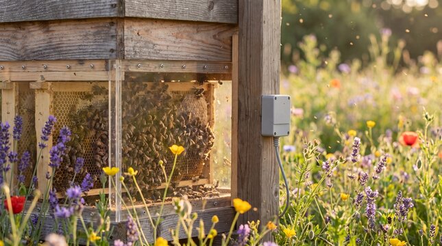 Observation beehive with bees inside a wooden box in a colorful wildflower meadow at sunset