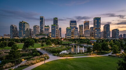 Fototapeta premium Modern city skyline with skyscrapers at dusk viewed from lush green urban park with lake and walking paths, sustainable architecture and city life harmony landscape evening view.