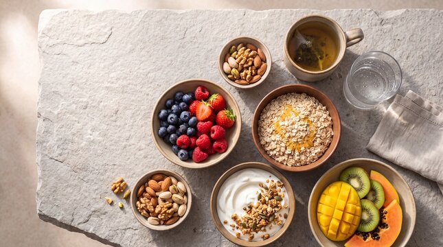 Healthy breakfast spread with oatmeal, yogurt, fresh fruits, nuts, and tea on a rustic stone table