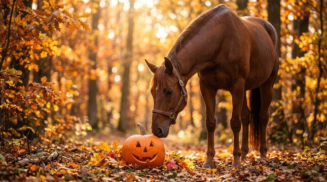Horse with a carved pumpkin in autumn forest. Equine animal exploring a Halloween jack-o-lantern.