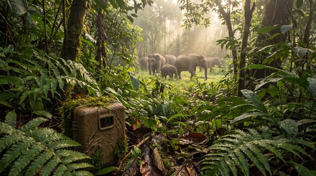 Trail camera capturing a herd of wild elephants walking through a lush tropical rainforest at sunrise